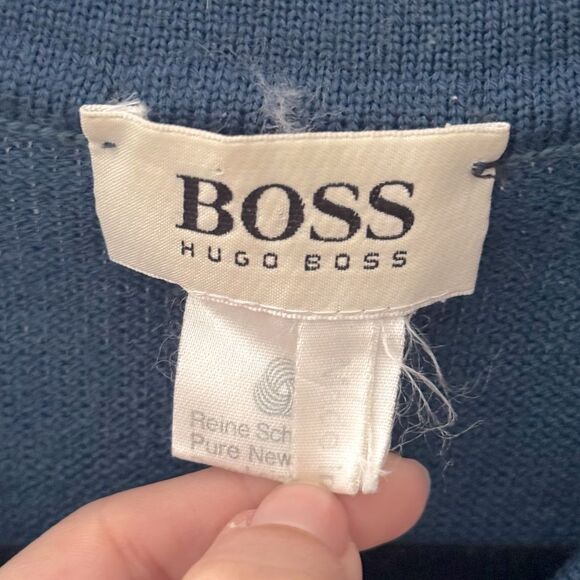 Vintage 1970s HUGO BOSS Men's Blue Pure New Wool Polo Sweater w/ Emblem Patch 50 - Picture 5 of 10